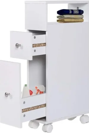 Ultimissimo Modello Cassa da bagno con ruote e cassetto per scarpe - Credenza da bagno in posizione verticale alta - Bianca